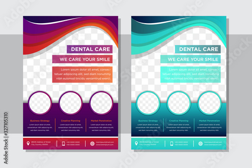 Set of Medical Dental health care Flyer Vector Template with gradient blue and purple colors. Dental clinic Poster and Brochure Cover Design with space for photo collage in circle and tooth shapes.