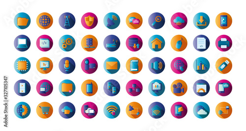 Technology and internet block gradient style icon set vector design