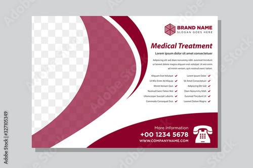 Medical treatment horizontal Flyer Vector Template with red color and white background. Healthcare clinic Poster and Brochure Cover Design with space for photo. 