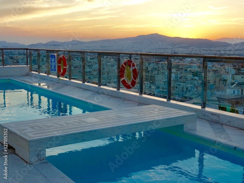 Athens Greece pool rooftop at sunset