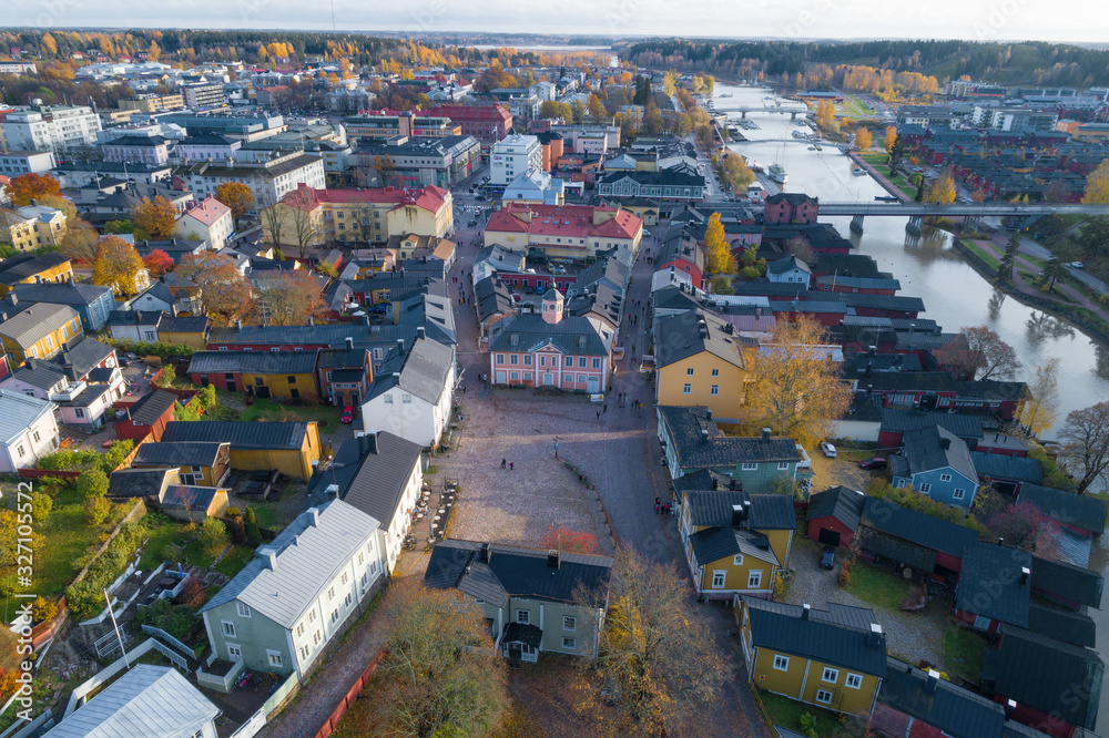 The central square of the Old City in the cityscape on October day (aerial photography). Porvoo, Finland