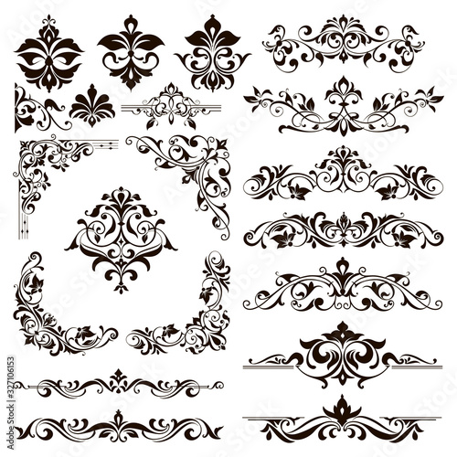 Ornamental design lace borders and corners Vector set art deco floral ornaments elements