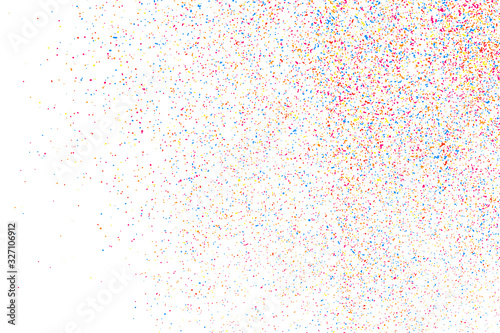 Abstract Explosion Of Confetti. Colorful Grainy Texture Isolated On White Background. Colored Stains And Blots. Vector Overlay Elements. Digitally Generated Image. Illustration, Eps 10.