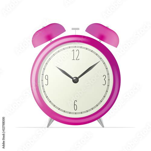 Realistic desk clock. Purple retro alarm clock isolated on a white background. Retro watch. Windy illustration