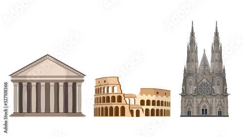 Set of world landmarks isolated on a white background. Colosseum and Pantheon in Rome. St. Vitus Cathedral in Prague.