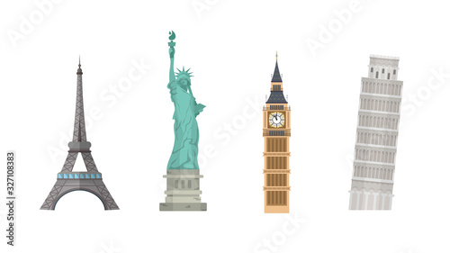 Set of world landmarks isolated on a white background. Eiffel Tower, Statue of Liberty, Leaning Tower of Pisa and Big Ben.