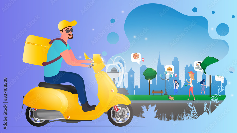 Food delivery banner. A guy riding a scooter with a box on his back. Ecological food delivery concept. A moped with delivery rides through the park. Park with people. Food delivery banner. A guy riding a scooter with a box on his back. Ecological food delivery concept. A moped with delivery rides through the park. Park with people.