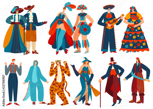 People in costumes, isolated cartoon characters, carnival party vector illustration. Men and women in funny masquerade costumes, people dressing for party celebration. Vampire, pirate, mime and witch