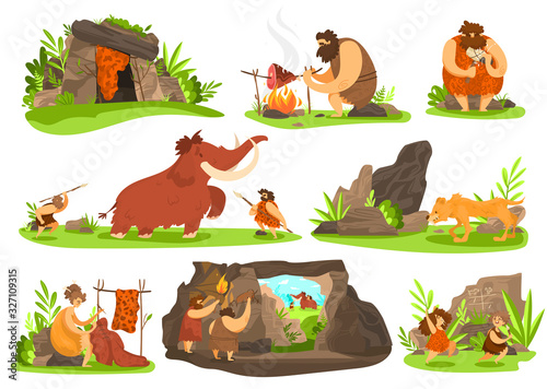 Primitive people in Stone Age, caveman life, vector illustration. Set of isolated cartoon characters, cave people hunting mammoth. Stone Age man cooking meat, woman making clothes, children playing
