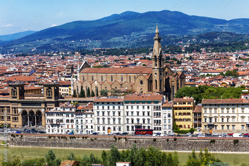 Panorama of Florence with the Basilica of Santa Croce in the center. The view from the top. Italy