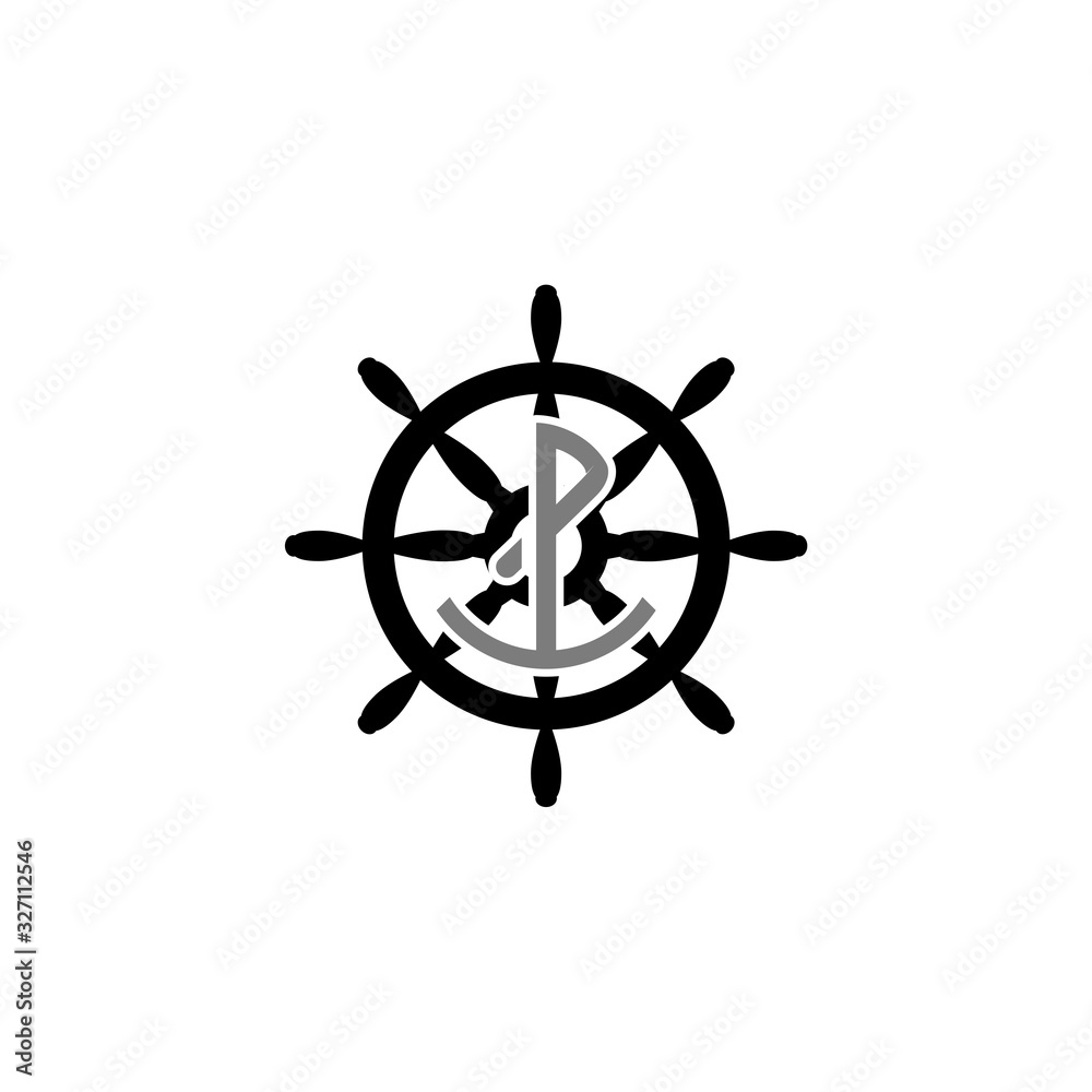 Anchor icon inside a ship wheel marine symbol for logo design illustration on a white background