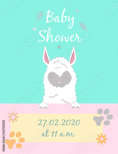 Baby cards for Baby shower. Alpaca. Postcard or party templates in blue and pink with charming animals.