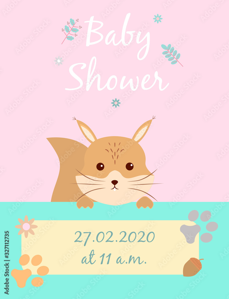 Baby cards for Baby shower. Squirrel. Postcard or party templates in blue and pink with charming animals. Baby cards for Baby shower. Squirrel. Postcard or party templates in blue and pink with charming animals.