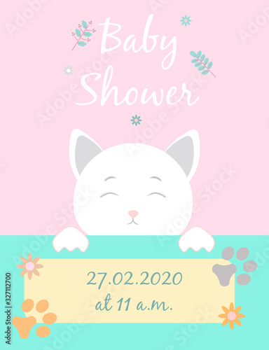 Baby cards for Baby shower. Cat. Postcard or party templates in blue and pink with charming animals.