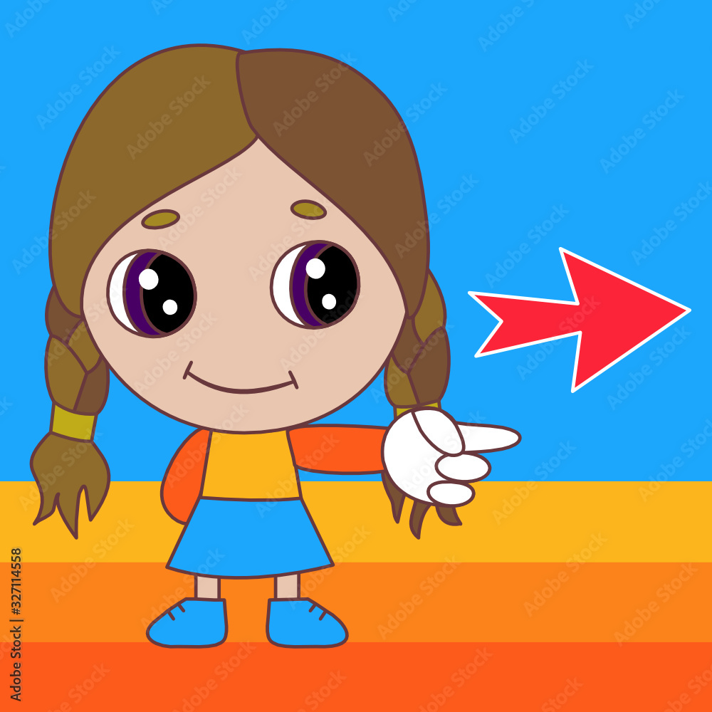 Emoticon with a cool chibi girl that is pointing to the right, color vector emoji Emoticon with a cool chibi girl that is pointing to the right, color vector emoji
