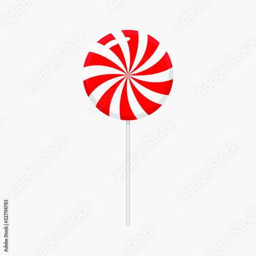 Beautiful lollipop with red stripes on a white stick, on a white background