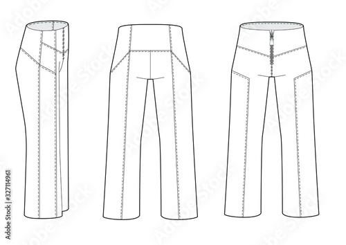 Three-quarter PANTS with back yoke for Women, flat technical drawing front, back and side view. Mockup template, for fashion designer. Vector 
