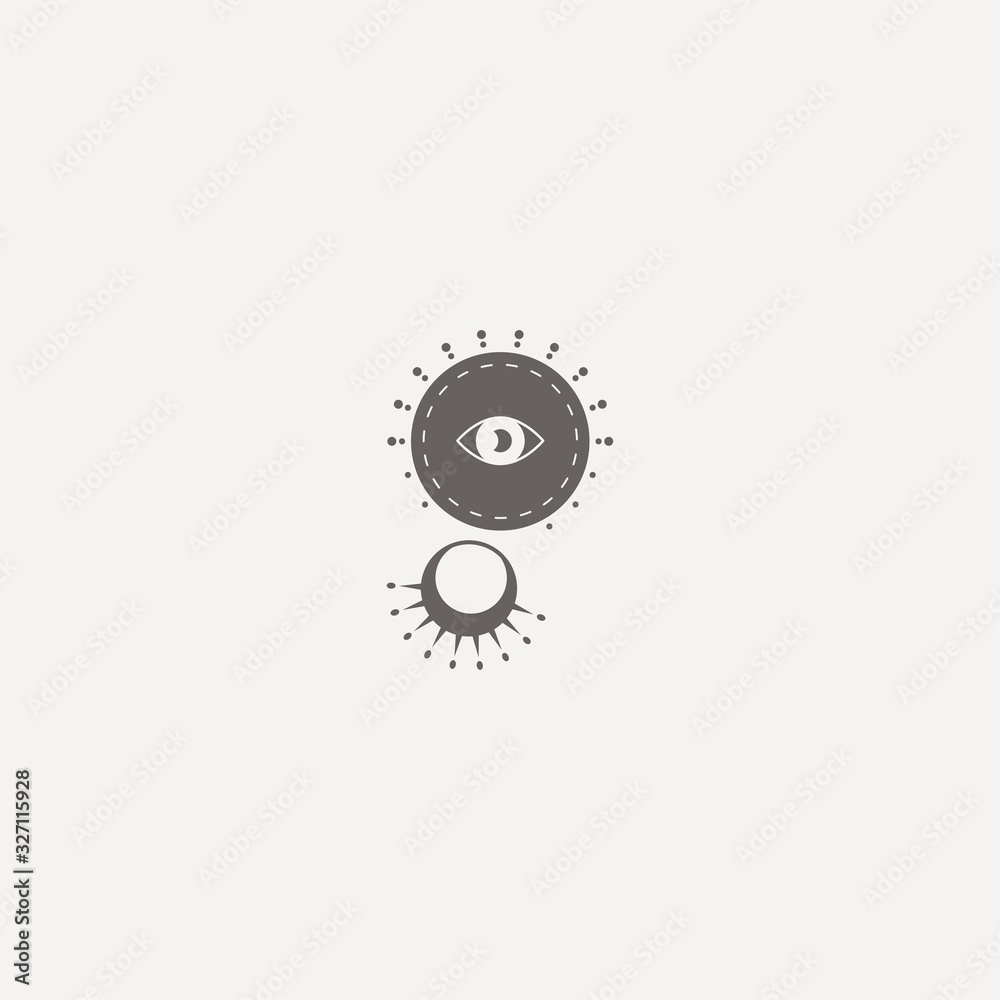 Boho Abstract style Moon or Sun with eye. Simple minimalistic Icon. Logo template. Trendy Vector illustration. Astrology, esoteric, yoga, alchemy concept. T-shirt print idea. Icon is isolated