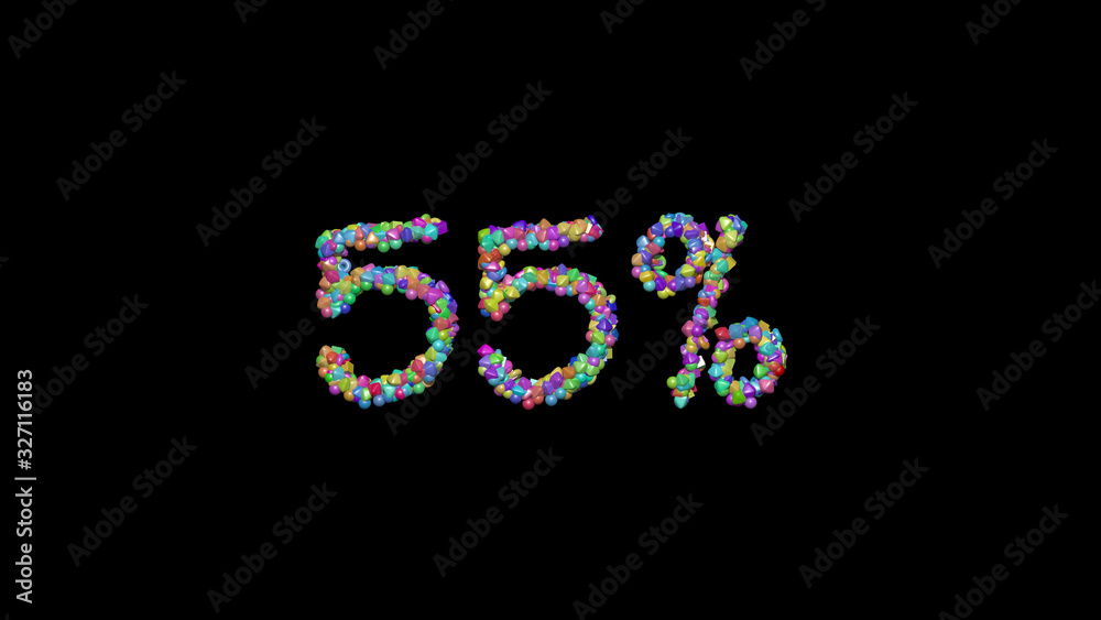 55% : 3D illustration of the text made of small objects over a black background with shadows