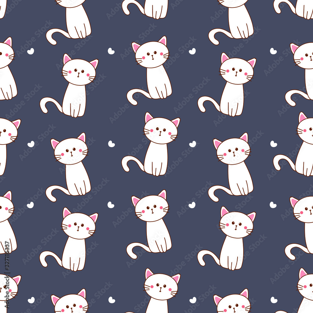 Seamless pattern cute cat with blue background for fabric print