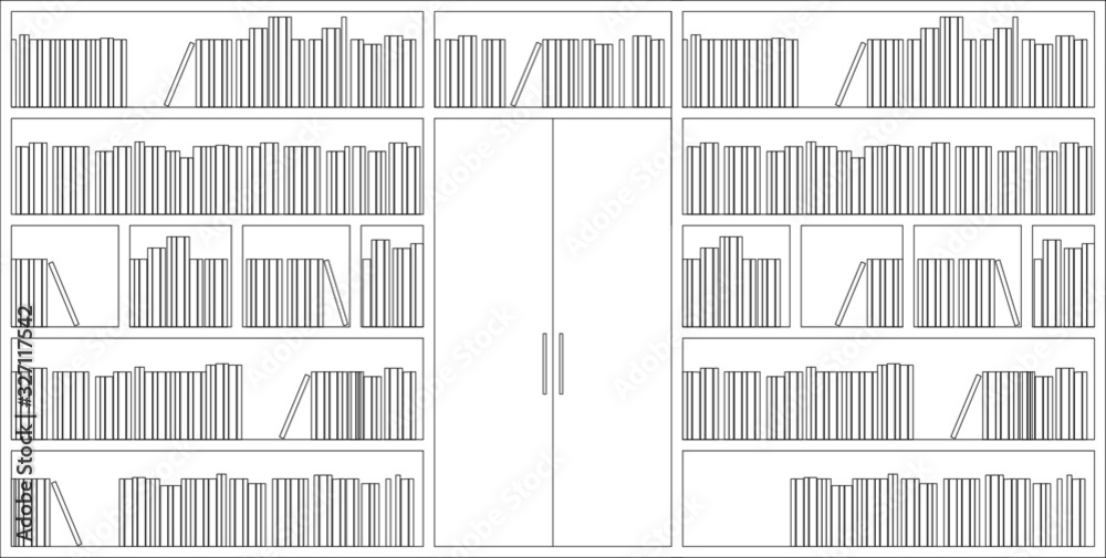 2D black and white CAD drawing of the bookshelf from the front elevation view. 2D black and white CAD drawing of the bookshelf from the front elevation view.