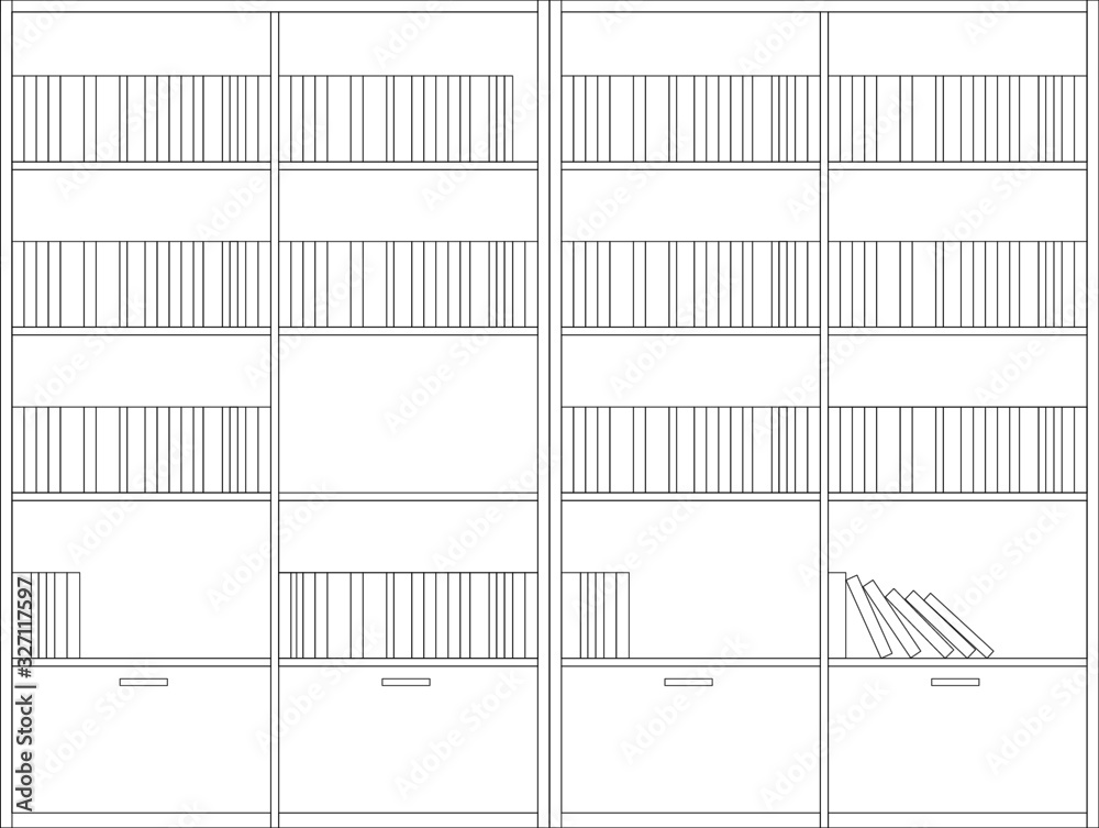 2D black and white CAD drawing of the bookshelf from the front