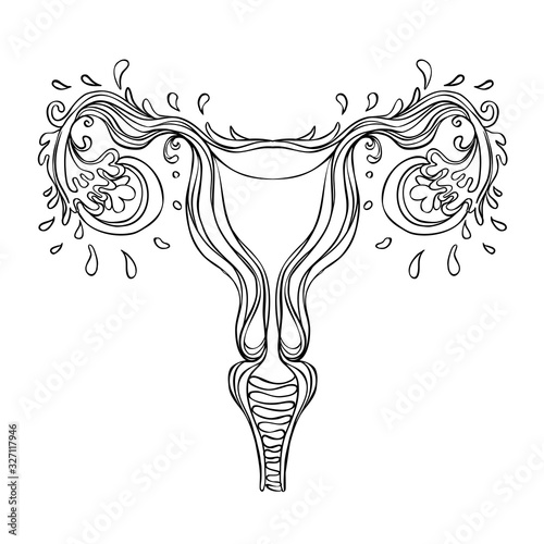 Decorative drawing of female reproductive system with flowers. Hand drawn uterus, womb. Girl power, feminism, female nature. Vector illustration isolated on white.