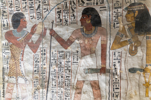 Ancient Egyptian wall drawings from the tomb of Sennofer in the nobles tombs at Luxor Egypt.