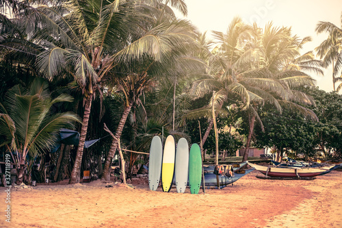 Surfboards resting on a wooden stand in the sand at a surf station in Sri Lanka Hikkaduwa photo