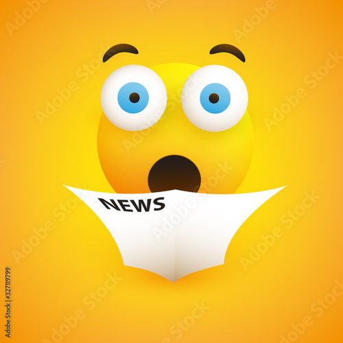 Surprising News - Emoticon with Pop Out Eyes Reads a Newspaper - Simple Emoticon on Yellow Background - Vector Design