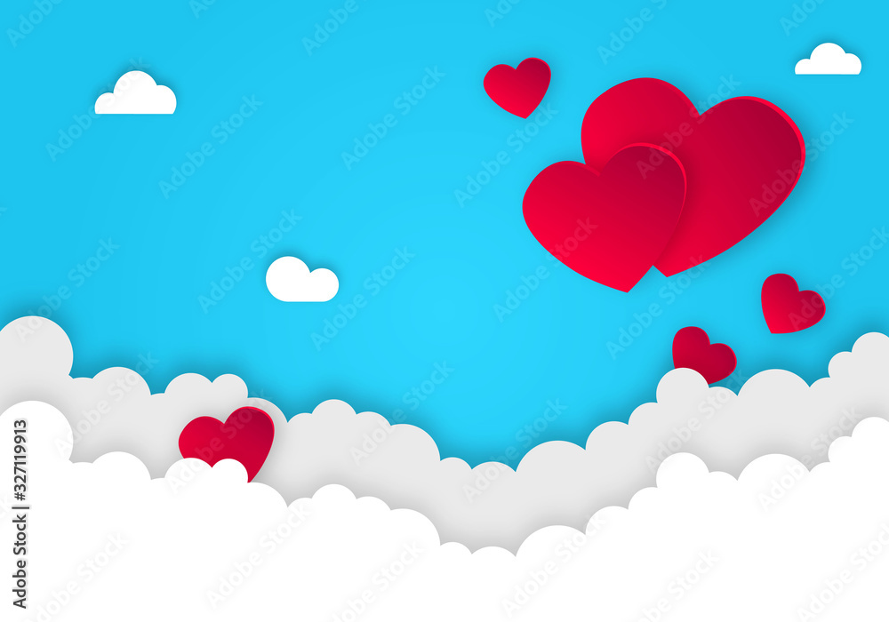 Hearts on blue sky. Modern cartoon background. Vector illustration
