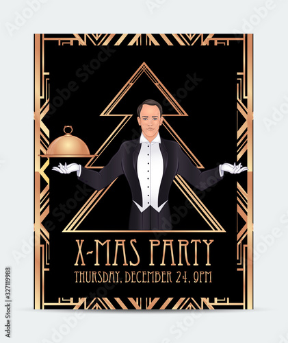 Art Deco vintage invitation template design with illustration of man. Great Gatsby inspired. patterns and frames. Retro party background 1920s style. Vector for glamour event, wedding or jazz party