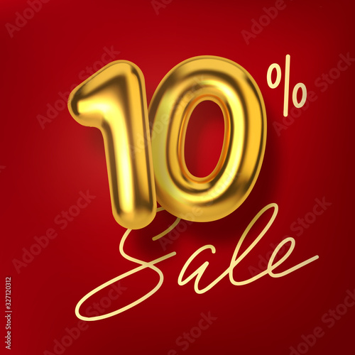 10 off discount promotion sale made of realistic 3d gold balloons. Number in the form of golden balloons. Template for products, advertizing, web banners, leaflets, certificates and postcards. Vector