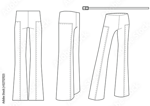 PANTS with Separate Sides, Flat Technical Drawing front and back. Mockup template, for fashion designer. Vector 