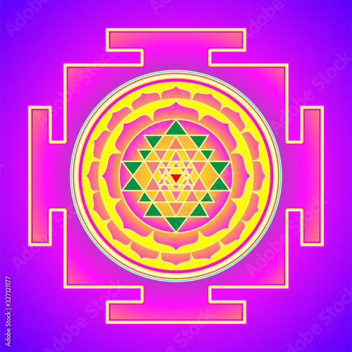 The Sri Yantra or Sri Chakra, form of mystical diagram, Shri Vidya school of Hindu tantra symbol. Sacred geometry vector design element. Vector illustration. Alchemy, occultism, spirituality.