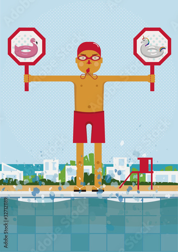 It's time for swimming. A man - swimming pool guard is holding warning signs with flamingo's and unicorn's float