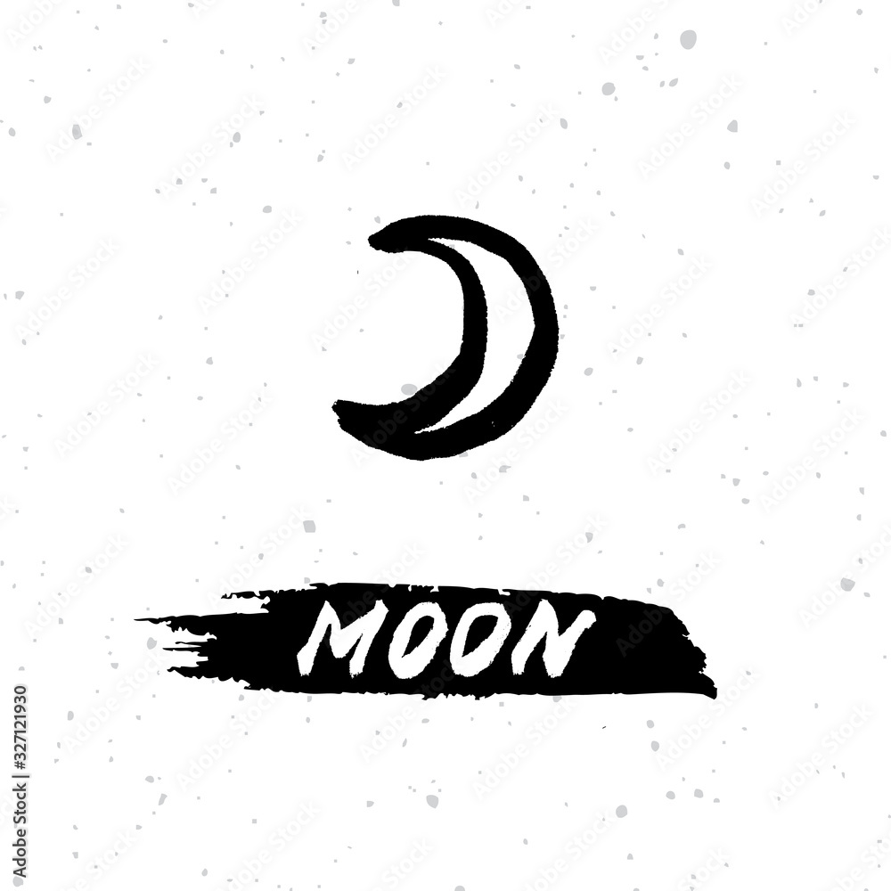 Vector handdrawn brush ink illustation of the Moon sign with lettering ...