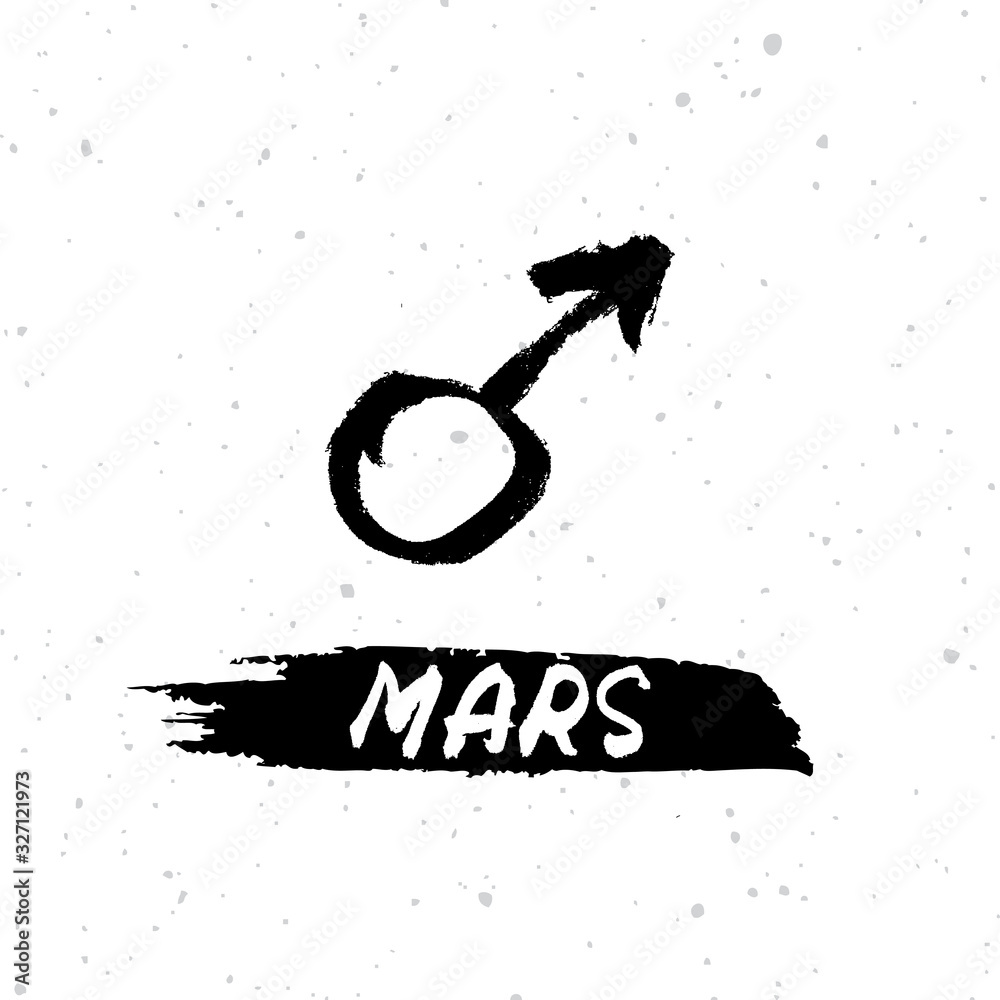 Vector handdrawn brush ink illustation of Mars sign with lettering