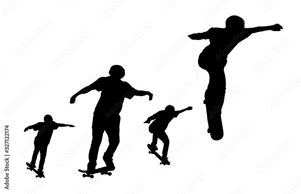 silhouette black set of men skateboard on white background