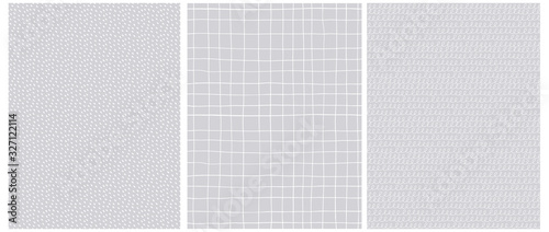 Set of 3 Hand Drawn Irregular Geometric Vector Patterns.White Horizontal Grid, Dots and Lines with Loops on a Light Gray Background. Cute Infantile Style Illustration. Children's Scrawl Style Prints. 