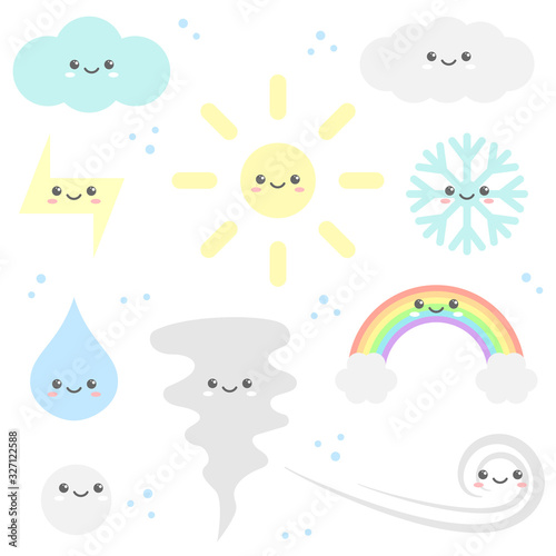 Cartoon set of cute characters. The sun, clouds, rainbow, drop, wind, snowflake, blizzard, snow, lightning. Kawaii collection. Vector illustration.