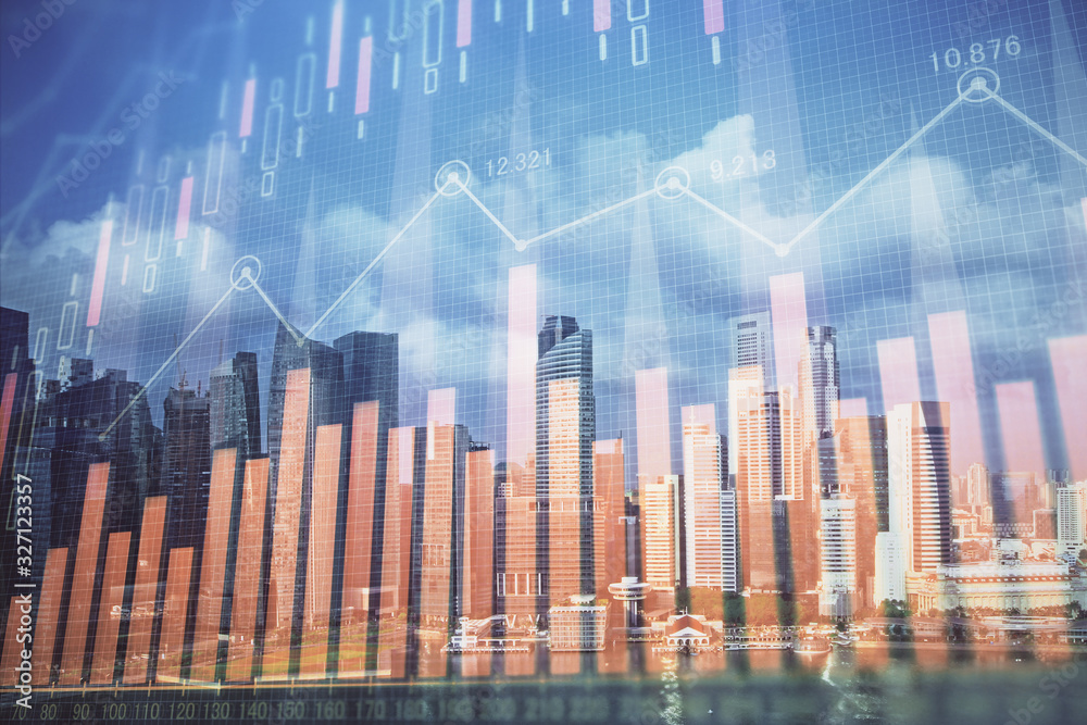 Forex chart on cityscape with skyscrapers wallpaper multi exposure. Financial research concept.