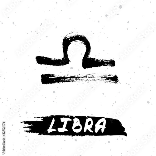 Libra horoscope sign, symbol, zodiac sign. Hand drawn vector illustration on starry sky background with "Libra" lettering on brush stroke. Hand drawing design ink illustration. 