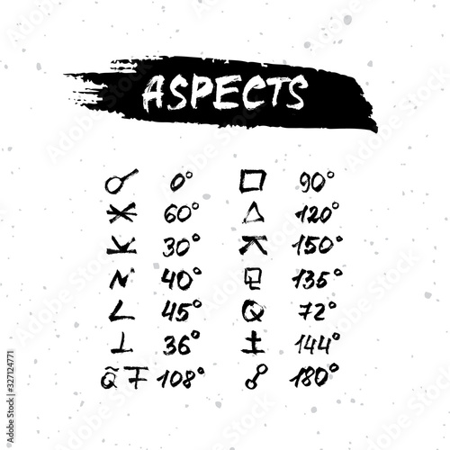 Vector handdrawn brush ink illustration set of astrological major and minor aspects. Collection of horoscope, magic symbols, icons.  Astrology concept for occult design.