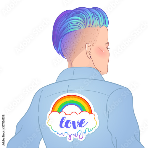 short shaved pixie undercut. Rainbow LGBT symbols as pins or patches on her back. Vector illustration isolated. Hand drawn modern gay girl in jacket.