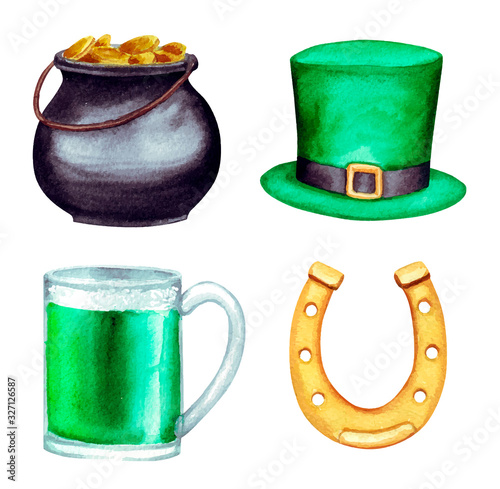 Watercolor vector Saint Patrick's day set with horseshoe, hat, gold, green beer, isolated on white background.