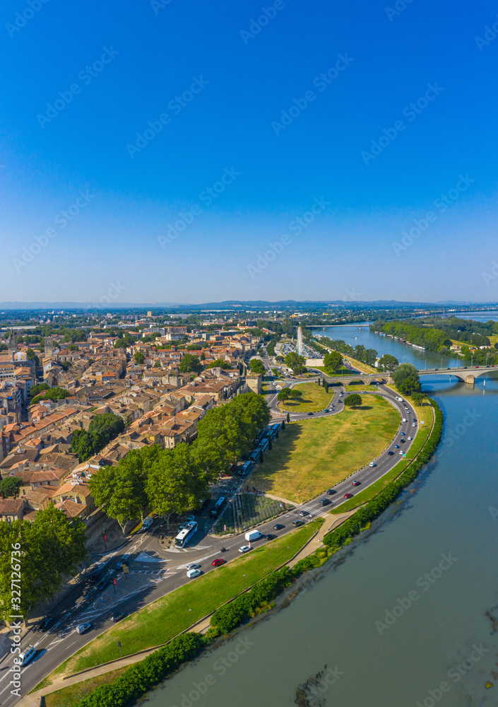 Historical city Avignon on bank of Rhone river, France