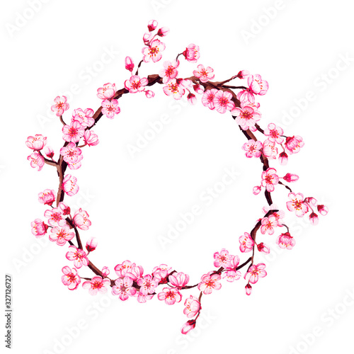 Watercolor vector floral sakura frame. Spring cherry blossom wreath  isolated on white.