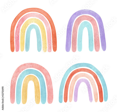 Set of vector watercolor neutral calm rainbows, in blue, red, yellow, pink colors.	