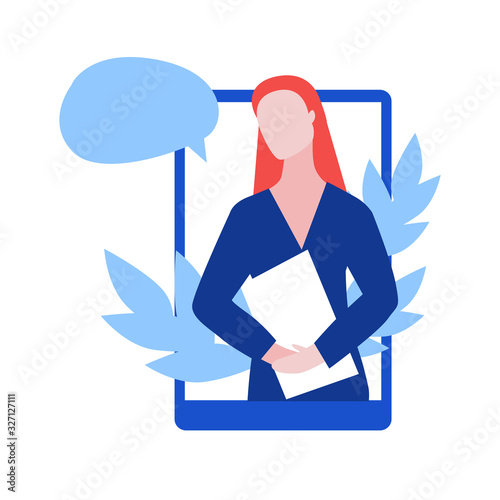 Vector illustraion of red head woman consultant with paper holder and speech bubble on the phone screen with leaves. Online consultant concept web banner on site or mobile application